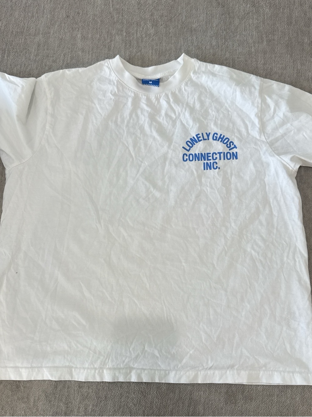 LONELY GHOST White Tee with Blue Chest Logo
